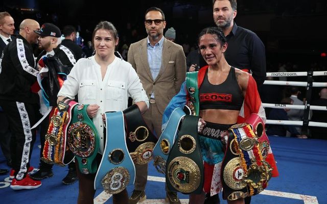 February 4, 2023:  Amanda Serrano and Katie Taylor pose in the ring after Serrano\'s fight against Erika Cruz at The Hulu Theater at Madison Square Garden in New York City. 
