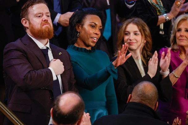 February 7, 2023: Maurice and Kandice Barron, the parents of a 3-year-old who has survived a rare pediatric cancer, Kate Foley, and first lady Jill Biden applaud as US President Joe Biden delivers his State of the Union address during a joint meeting of Congress in the House Chamber of the US Capitol in Washington, DC.