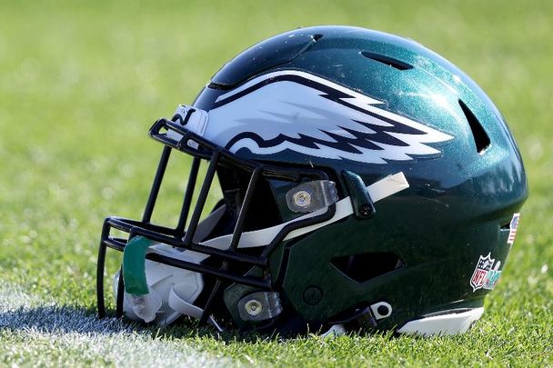 February 9, 2023: A detailed view of a Philadelphia Eagles helmet lays on the field in a practice session prior to Super Bowl LVII at Arizona Cardinals Training Center in Tempe, Arizona. The Kansas City Chiefs play the Philadelphia Eagles in Super Bowl LVII on February 12, 2023 at State Farm Stadium. 