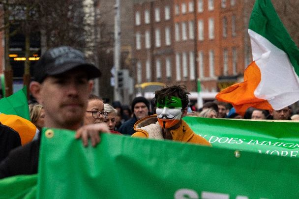 February 4, 2023: People under the banner of concerned citizens of Ireland protest in Dublin City Center against asylum seekers coming to Ireland.
