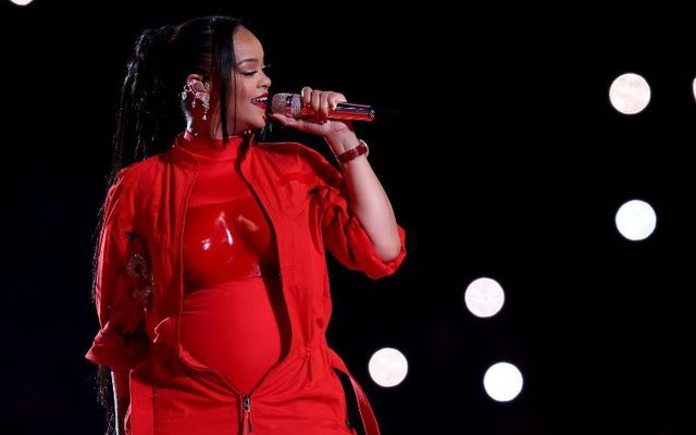 February 12, 2023: Rihanna, wearing a design by Jonathan Anderson, performs onstage during the Apple Music Super Bowl LVII Halftime Show at State Farm Stadium in Glendale, Arizona. 