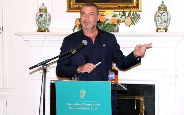 Liev Schreiber speaks as BlueCheck Ukraine and Sláinte Irish Whiskey celebrate partnership at Irish Embassy on July 21, 2022, in Washington, DC. 