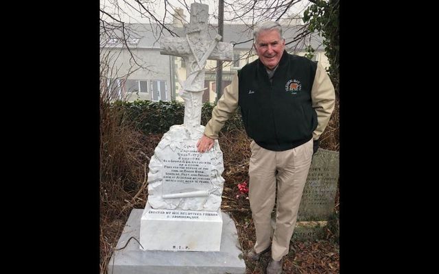 John Grogan, great, great, great, grandson of Darby Ryan, pictured at his headstone in Bansha Old Cemetery, Co Tipperary.