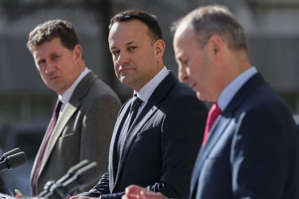 February 21, 2023: Coalition party leaders Eamon Ryan, Taoiseach Leo Varadkar, and Tánaiste Micheál Martin briefing media in the Courtyard of Government Buildings as they announce details of the government\'s new cost-of-living plan.