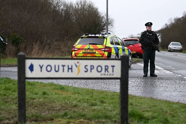February 23, 2023: Police patrol at the scene of last night\'s shooting of a high profile PSNI officer at the Youth Sports Centre in Omagh, Northern Ireland. The senior police officer, named as Detective Chief Inspector John Caldwell was shot four times as he put footballs into the boot of his car while standing alongside his son following a football training session. The PSNI have said that the \"primary focus\" of the police investigation is the involvement of violent dissident republicans. 