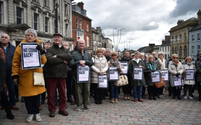 A rally is held in support of off-duty Detective Chief Inspector John Caldwell who was shot while attending a Beragh Swifts football coaching session with his son in Omagh, Northern Ireland.