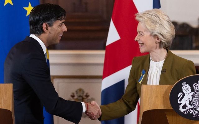 February 27, 2023: UK Prime Minister Rishi Sunak and EU Commission President Ursula von der Leyen shake hands as they hold a press conference at Windsor Guildhall in Windsor, England. EU President Ursula Von Der Leyen traveled to the UK today to meet UK Prime Minister Rishi Sunak to sign off on the agreement on the post-Brexit trade arrangements for Northern Ireland. They agreed yesterday to continue their work in person towards shared, practical solutions for the range of complex challenges around the Protocol on Ireland and Northern Ireland.