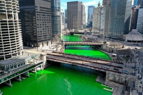 The Chicago River is dyed green for St. Patrick\'s Day. Hotels in Chicago showed the second-highest price jump in the US for the March holiday.