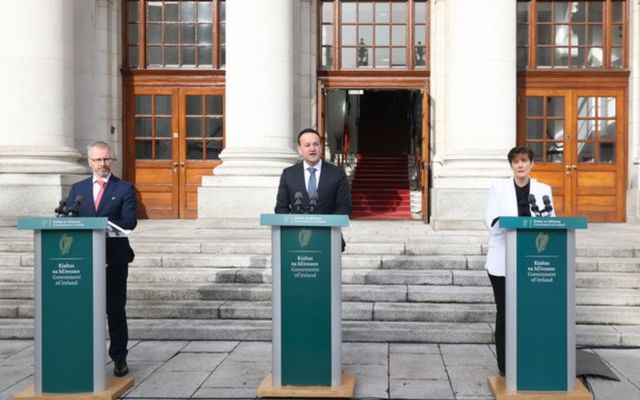 Minister for Children, Equality, Disability, Integration and Youth Roderic O?Gorman; Taoiseach and Fine Gael leader Leo Varadkar, and Fianna Fail Minister for Education, Norma Foley as they made an announcement on the Government\'s intention to hold a Referendum on gender equality.