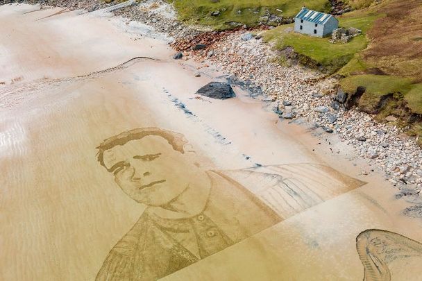 Colin Farrell\'s sand art portrait on Achill Island, Co Mayo.