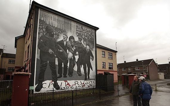 A mural in Derry depicting the iconic photograph of Fr. Edward Daly waving a white handkerchief on Bloody Sunday. 