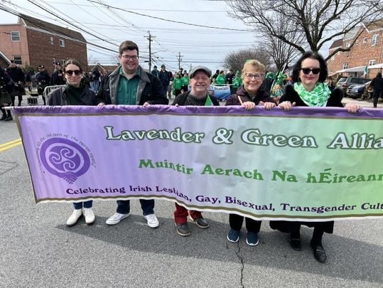 Brendan Fay (center) and Lavender and Green marchers in Throggs Neck on Sunday.