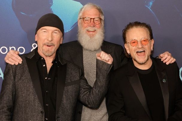 March 8, 2023: The Edge, Dave Letterman, and Bono at the Los Angeles premiere of the Disney+ Music Docu-Special \"Bono & The Edge: A Sort Of Homecoming, with Dave Letterman\" at The Orpheum Theatre in Los Angeles, California.