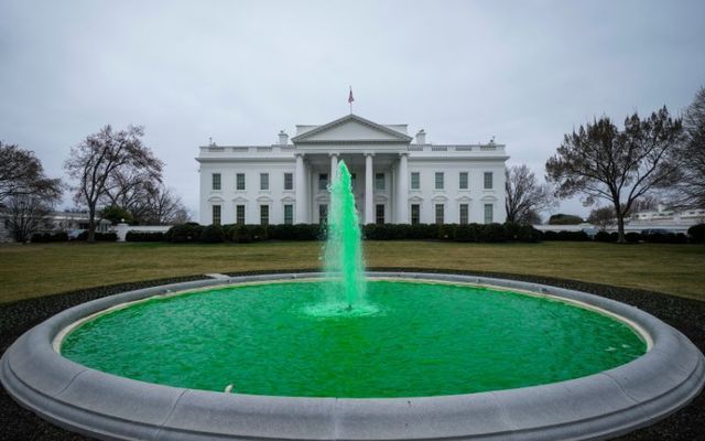 March 17, 2021: The fountain on the North Lawn of the White House is colored green to mark St. Patrick\'s Day in Washington, DC.