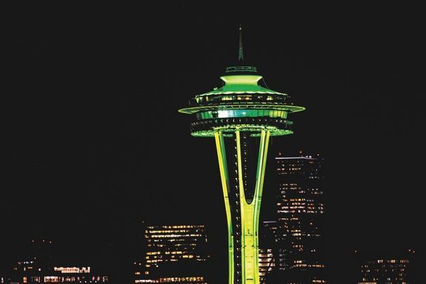 The Seattle Space Needle, in Washington State, lit up green for St. Patrick\'s Day.
