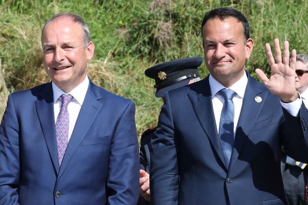 August 21, 2022: Then Taoiseach Micheal Martin and then Tanaiste Leo Varadkar at the Beal na Blath 100 Year Commemoration for the death of Michael Collins.