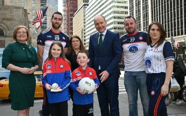 March 15, 2023: (L to R) Ireland\'s Consul General Helena Nolan, Mark Ellis, Saoirse Redigan, President of New York GAA Joan Henchy, Richard Hartnett, Tánaiste Micheál Martin, Sharon Redigan.