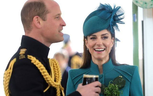 March 17, 2023: Catherine, Princess of Wales, and Prince William, Prince of Wales, enjoy a glass of Guinness during the St. Patrick\'s Day Parade at Mons Barracks in Aldershot, England. Catherine attends the parade for the first time as Colonel of the Regiment succeeding The Prince of Wales, the outgoing Colonel.