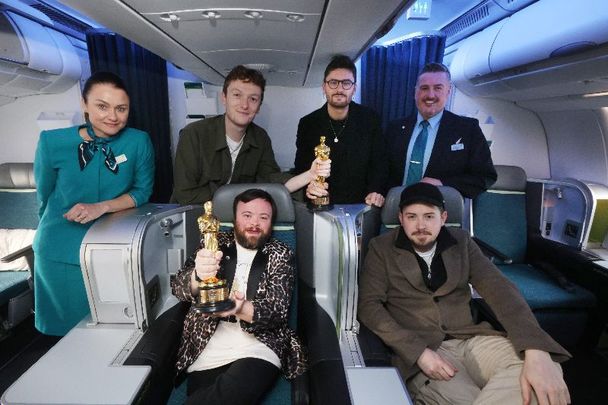March 16, 2023: Aer Lingus welcomes home Oscar winners \"An Irish Goodbye.\" Pictured are (back) Ross White and Tom Berkeley with (front) James Martin and Pearce Cullen from \'An Irish Goodbye\' proudly clutching their Oscar after landing in Ireland on Aer Lingus flight EI68 from Los Angeles.