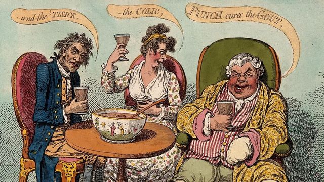 James Gilray\'s illustration \"Punch cures the gout, the colic, and the \'Tisick\" (1799).
