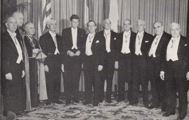 President John F. Kennedy, fifth from left, at a Friendly Sons of St. Patrick dinner.