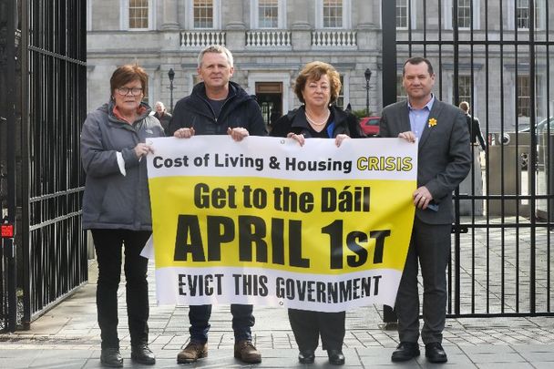 March 22, 2023: Politicians (L to R) Joan Collins TD Right to Change, Richard Boyd Barrett TD People Before Profit, Catherine Murphy TD Social Democrats, and Paul Donnelly TD Sinn Fein, from the Cost of Living Coalition, calling on the public to protest at the Dáil against the end of the eviction ban on April 1st.
