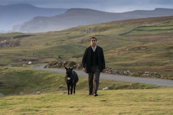 Colin Farrell with Jenny the Donkey in \'The Banshees of Inisherin.\'
