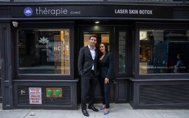 Phillip and Katie McGlade outside their new Thérapie Clinic in Manhattan, New York City.