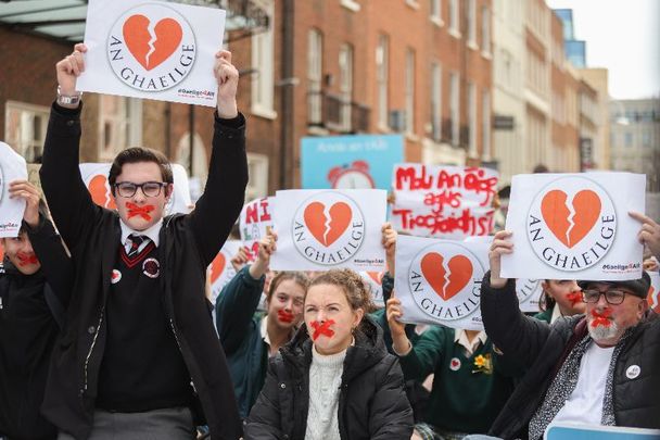 March 29, 2023: Students rally outside Leinster House in Dublin, calling on Minister Norma Foley to act on #Gaeilge4All. 