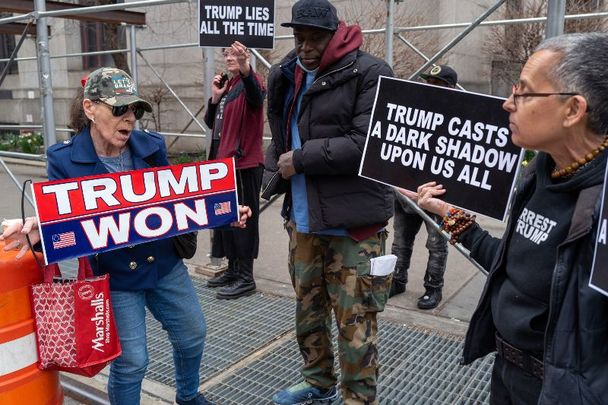 March 27, 2023: Protestors gather outside of New York County Criminal Courthouse as the nation waits for the possibility of an indictment against former president Donald Trump by the Manhattan District Attorney Alvin Bragg\'s office in New York City.