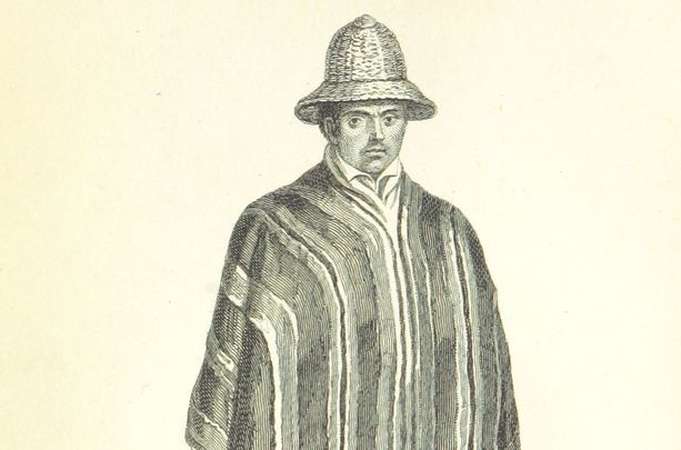 An illustration of a Chilean farmer from William Bennett Stevenson\'s book \"A Historical and Descriptive Narrative of Twenty Years\' Residence in South America\".