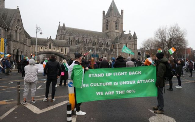 Anti-refugee protesters outside Christ Church in Dublin in February 2023. 