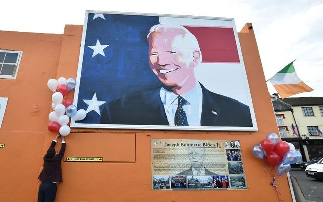 November 7, 2020: Ballina locals hang American flags and bunting as they celebrate in anticipation of Joe Biden being elected as the next US President. Joe Biden whose distant relatives hail from the County Mayo town of Ballina has visited the town twice before as the former Vice President.