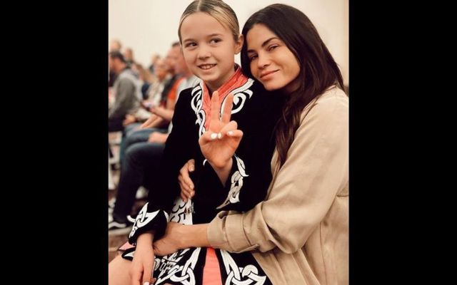 Jenna Dewan and her Irish dancer daughter Evie at a local feis.