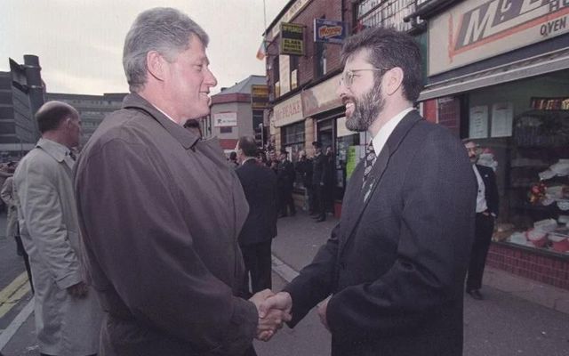 November 30, 1995:  President Bill Clinton and Gerry Adams on the Falls Road in West Belfast.