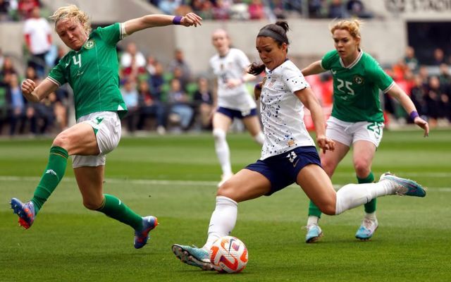 Sophia Smith #11 of the United States takes a shot at goal as Louise Quinn #4 of the Republic of Ireland defends in a 2023 International Friendly match at Q2 Stadium on April 8, 2023 in Austin, Texas.