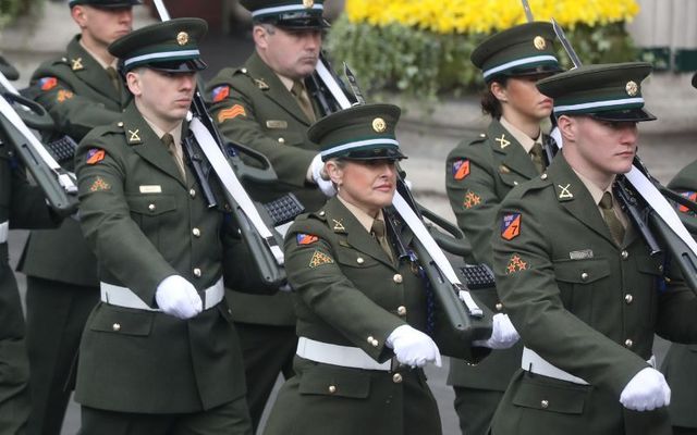 April 9, 2023: Members of the Irish Army Defence Forces march outside Dublin\'s GPO on O\'Connell Street to mark the anniversary of the 1916 Easter Rising.