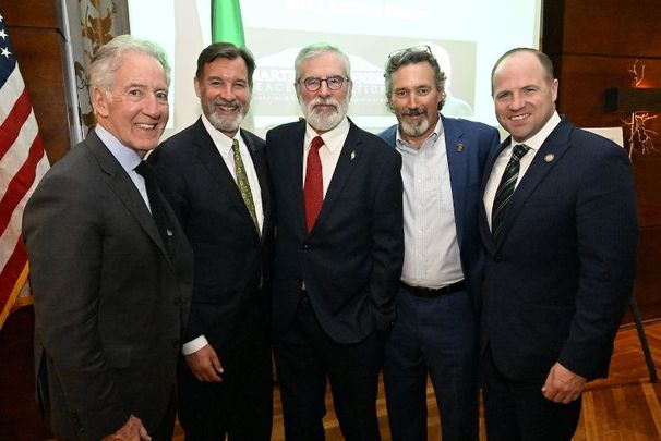 Congressman Richie Neal, former Congressman Tom Suozzi, Gerry Adams, Marty Glennon and New York State Senator Tim Kennedy at the dinner.