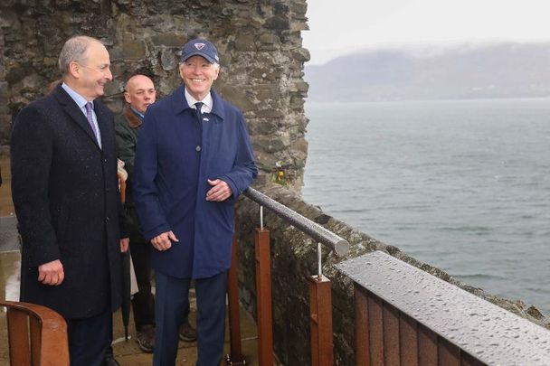 April 12, 2023:  US President Joe Biden with Tánaiste and Minister for Foreign Affairs and Minister for Defence Michael Martin, T.D at at Carlingford Castle in Co Louth.