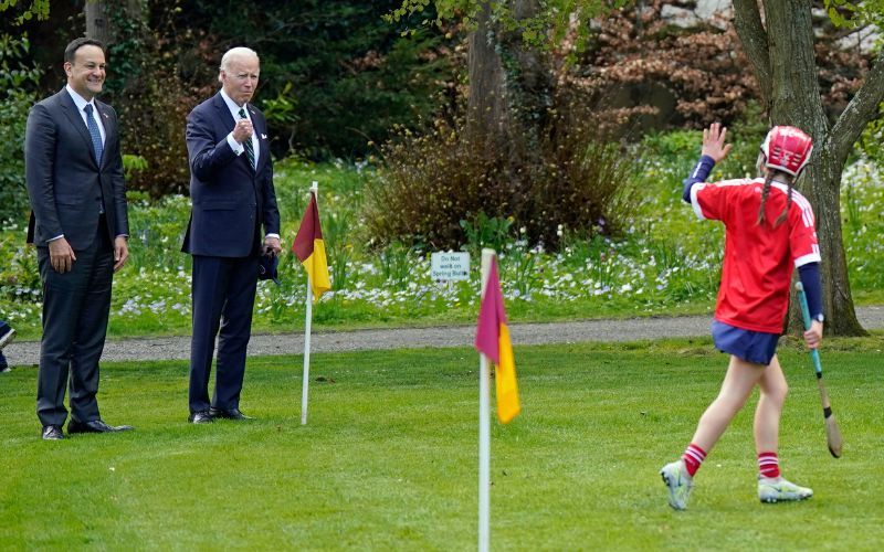 WATCH: Biden narrowly avoids sliotar during Dublin camogie demo