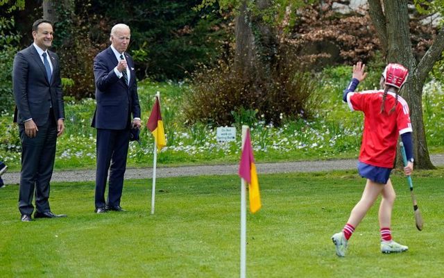 April 13, 2023: US President Joe Biden and Taoiseach Leo Varadkar watch a Camogie game at Farmleigh House, Phoenix Park in Dublin, Ireland.