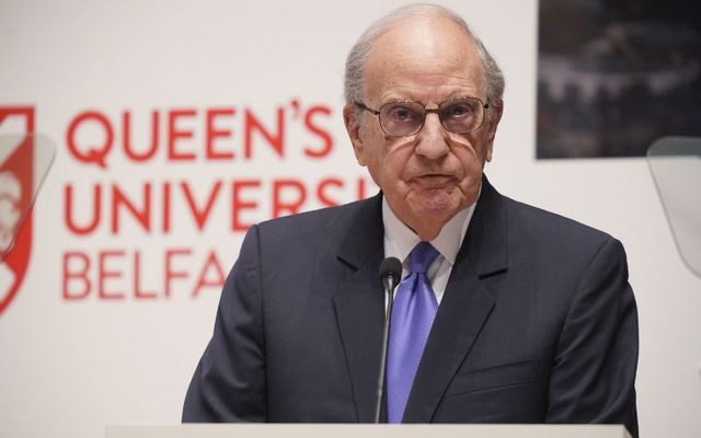 April 17, 2023: George Mitchell speaks during the Agreement 25 Conference at Queen\'s University Belfast in Belfast, Northern Ireland. The three-day conference at Queen\'s University Belfast to mark the 25th anniversary of the Good Friday Agreement. 