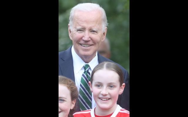 April 13, 2023: US President Joe Biden with camogie player Lucy Bourke at Farmleigh House in Dublin.
