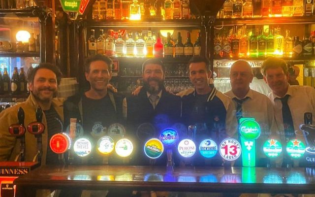 April 17, 2023: Charlie Day, Glenn Howerton, and Rob McElhenney in Kehoe\'s Bar in Dublin.