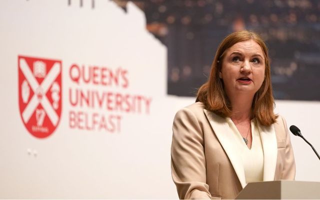 April 19, 2023: Dr. Jayne Brady, head of the Northern Ireland Civil Service, took a nod from \"Derry Girls\" during her remarks at Queen\'s University Belfast\'s Good Friday Agreement conference.