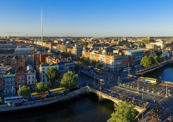 An aerial view of O\'Connell Street and O\'Connell Bridge. 