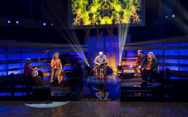 Musician of the Year Mick O\'Brien (center) performs alongside Caoimhín Ó Raghallaigh, Fidelma Ní Bhriain, Aoife Ní Bhriain, and Ciara Ní Bhriain during Sunday night\'s Gradam Ceoil. 