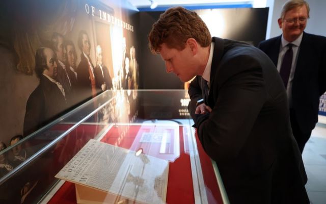 April 20, 2023: US Special Envoy to Northern Ireland for Economic Affairs, Joe Kennedy III views the US Declaration of Independence on display, with Northern Ireland Office Parliamentary Under Secretary of State Lord Caine. The Declaration of Independence will be on loan to Public Record Office of Northern Ireland from The National Archives (UK) and will feature as a centre-point of an Ulster-Scots exhibition.