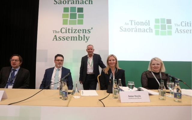 April 15, 2023: Paul Reid (Standing) with Cathal O Regan and Anne Doyle with Dr. Deirdre Mongan at the Citizen\'s Assembly in the Grand Hotel Malahide for its first session on drug use.