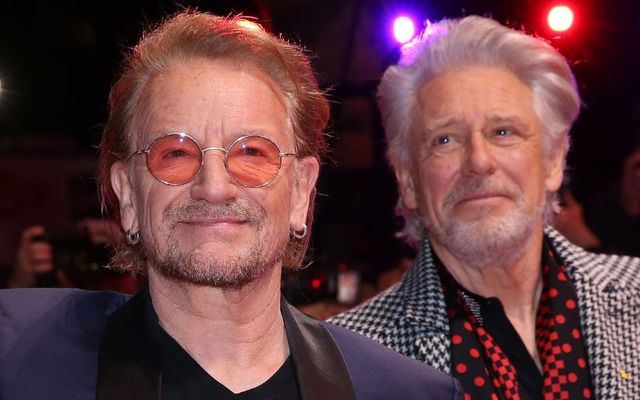 February 19, 2023: U2\'s Bono and Adam Clayton attend the \"Kiss The Future\" documentary film premiere during the 73rd Berlinale International Film Festival Berlin in Berlin, Germany.